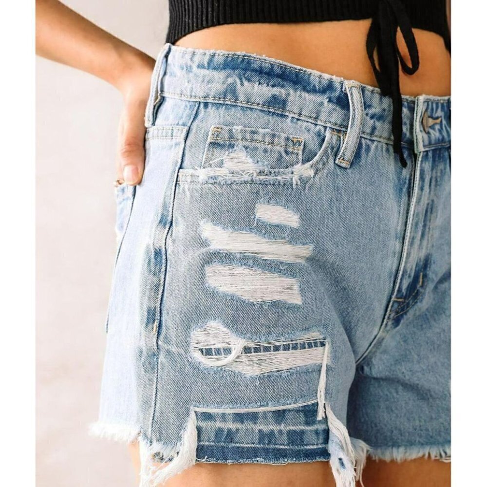 Flying monkey Womens Destruct Denim High Rise Frayed Hem Shorts Size 25, 27